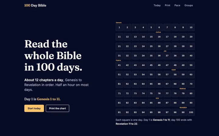 100 Day Bible home page on a desktop screen