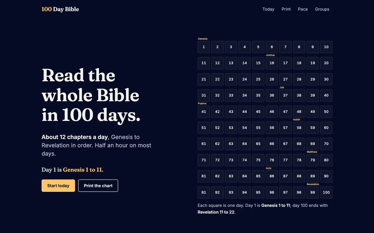 100 Day Bible home page on a desktop screen