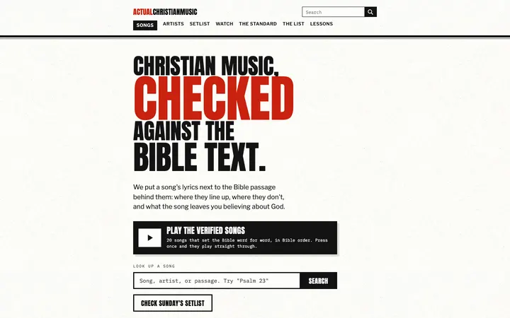 ActualChristianMusic home page on a desktop screen
