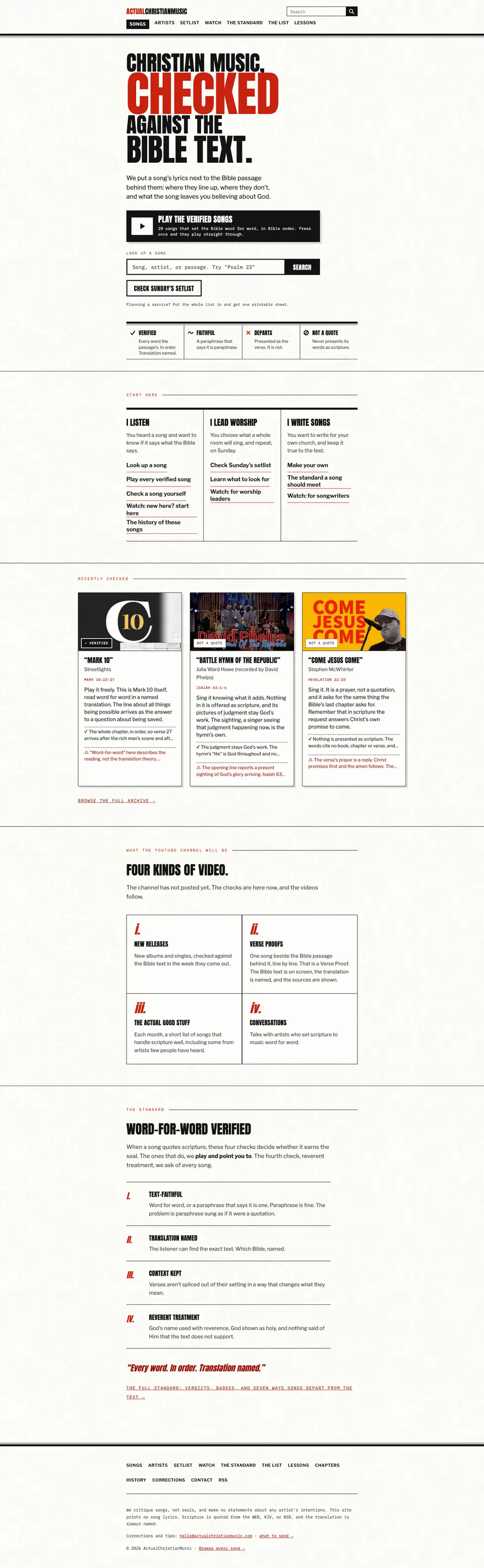 The full ActualChristianMusic home page, top to bottom