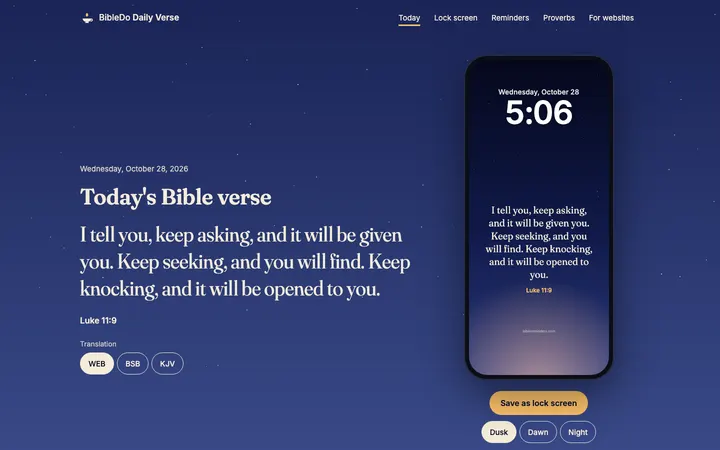 Bible Reminders home page on a desktop screen