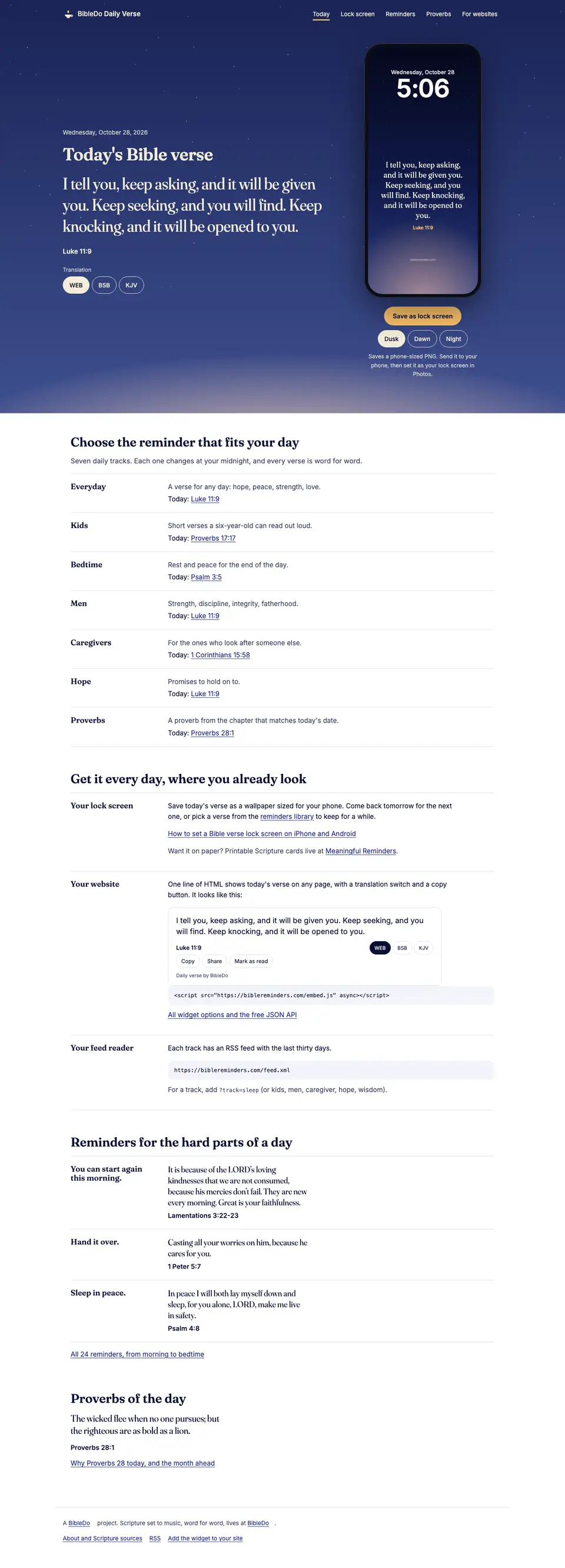 The full Bible Reminders home page, top to bottom