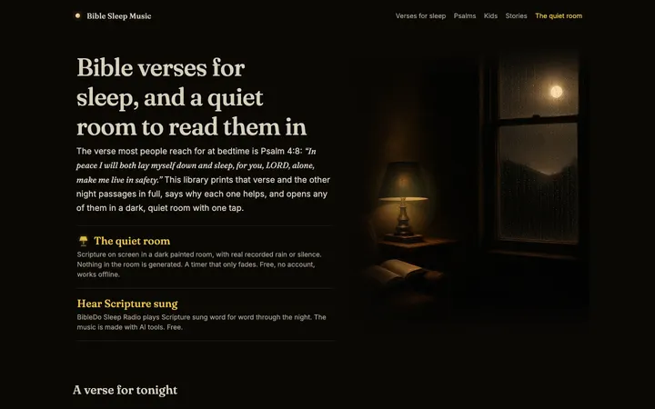 Bible Sleep Music home page on a desktop screen