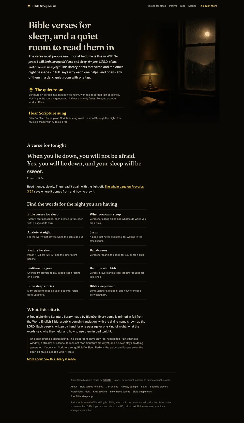 The full Bible Sleep Music home page, top to bottom