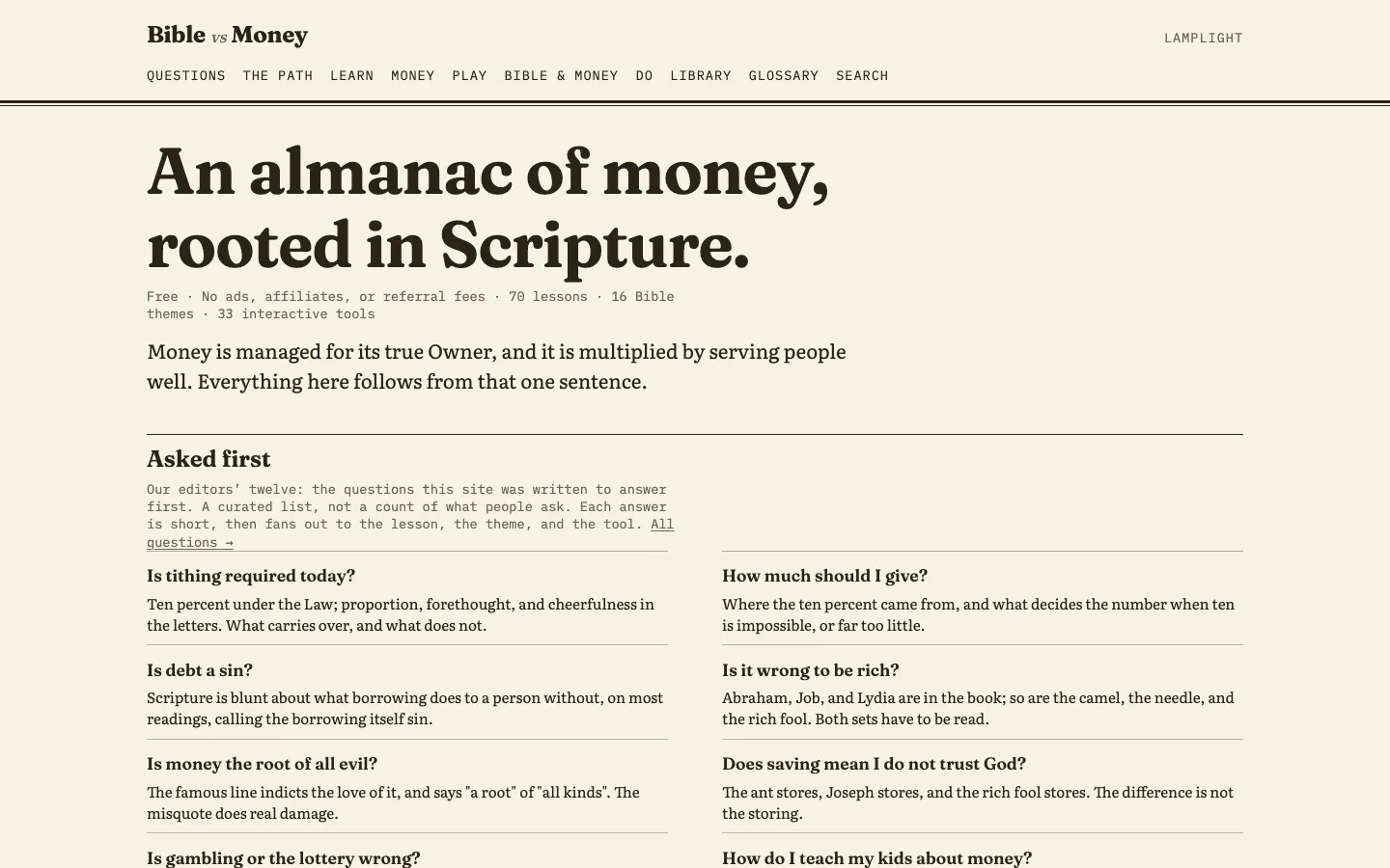 Bible vs Money home page on a desktop screen