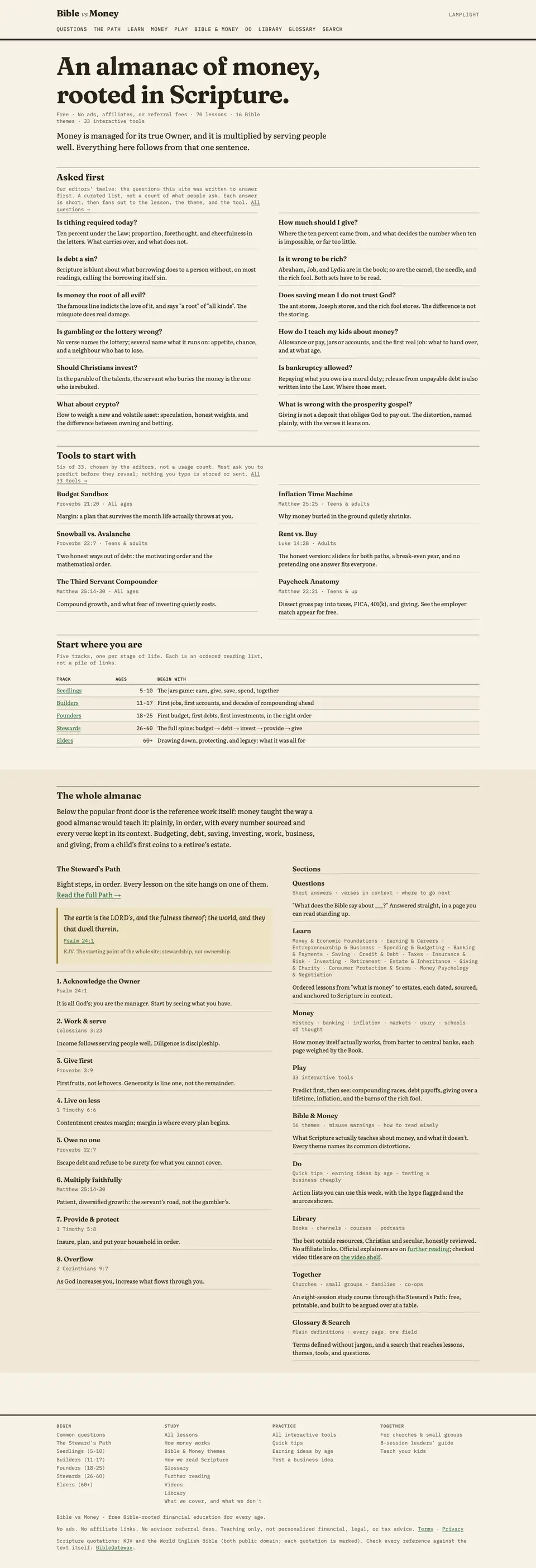 The full Bible vs Money home page, top to bottom