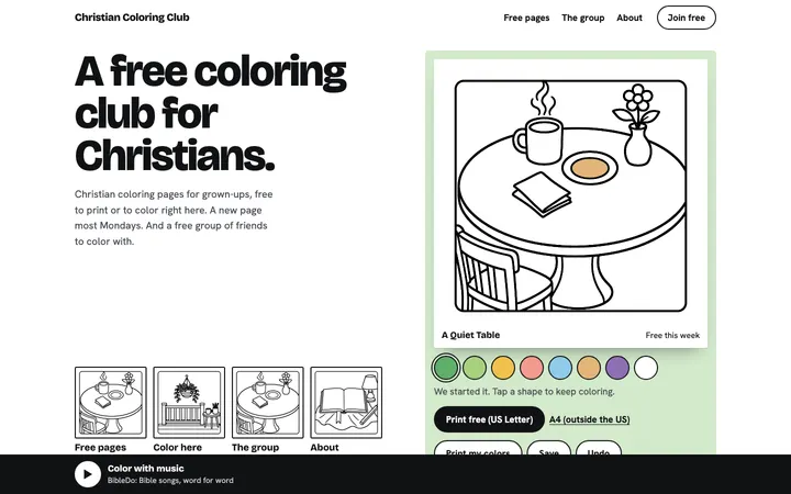 Christian Coloring Club home page on a desktop screen