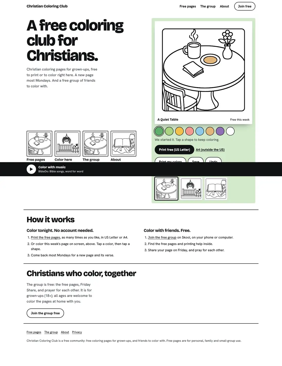 The full Christian Coloring Club home page, top to bottom