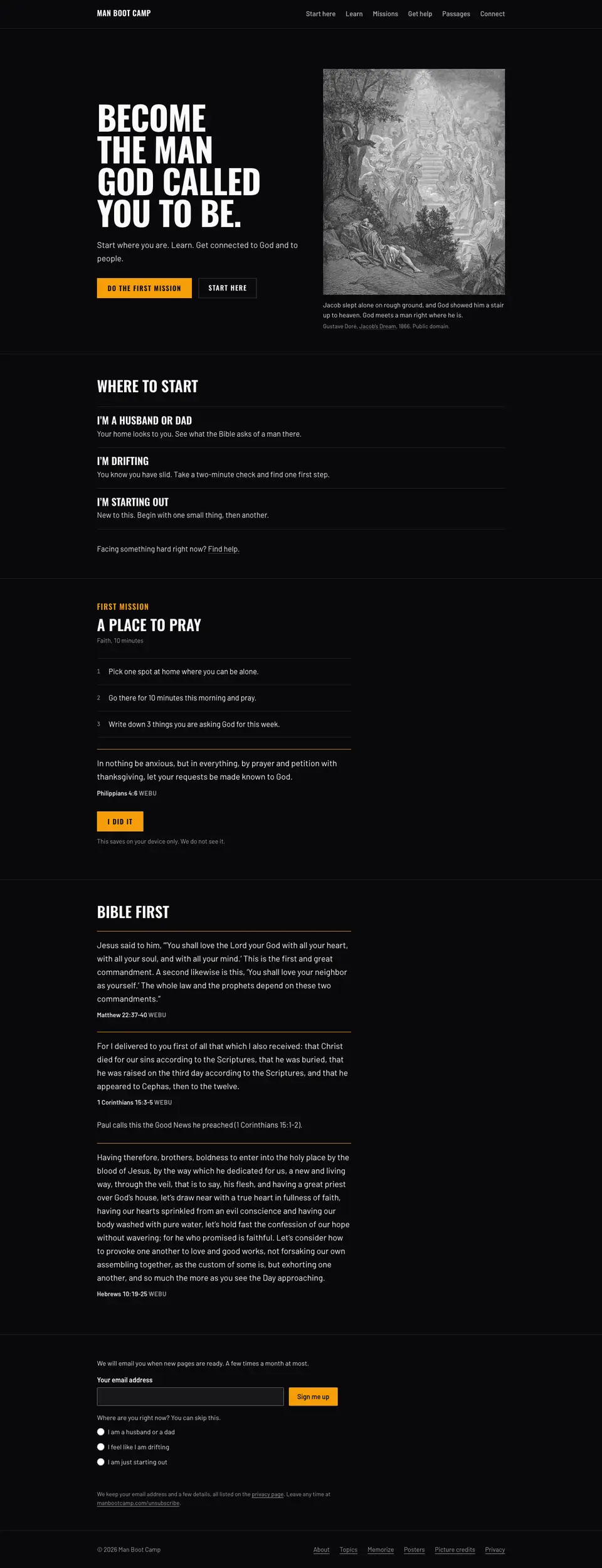 The full Man Boot Camp home page, top to bottom