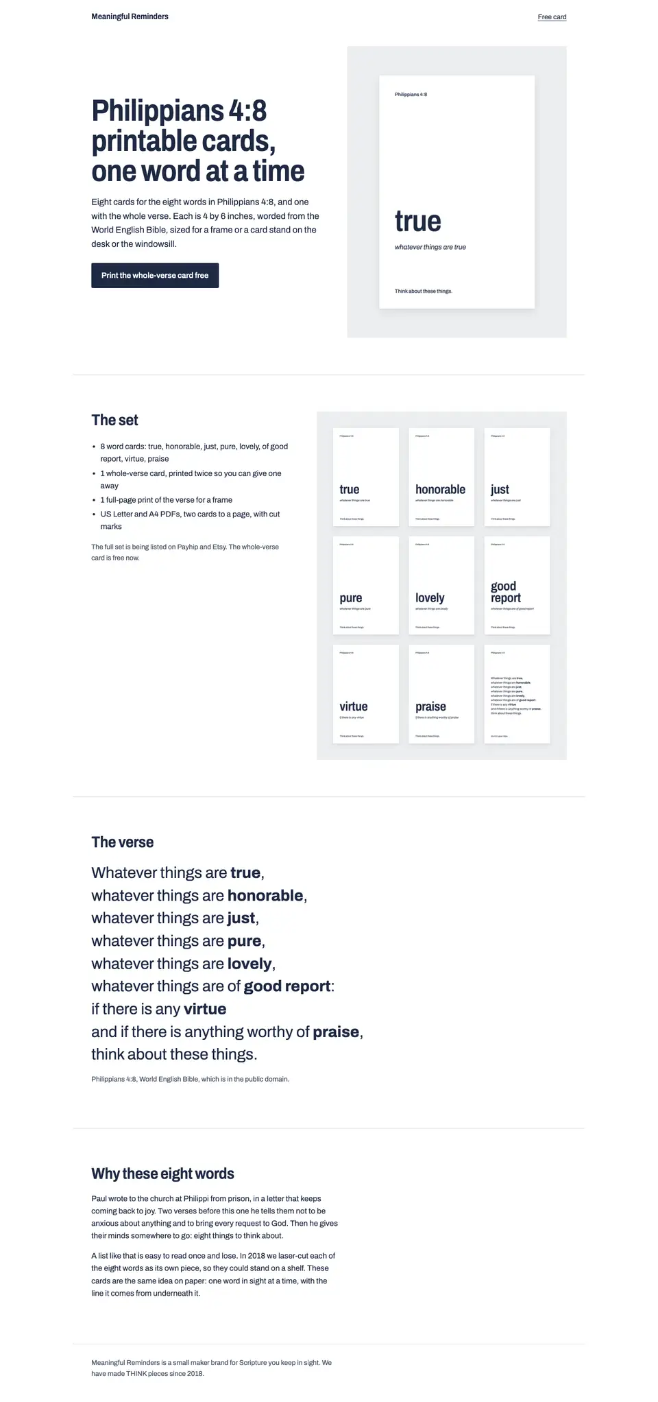 The full Meaningful Reminders home page, top to bottom