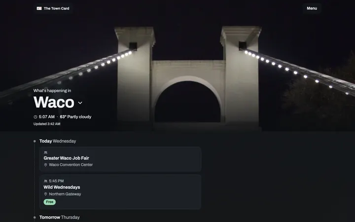 The Town Card home page on a desktop screen