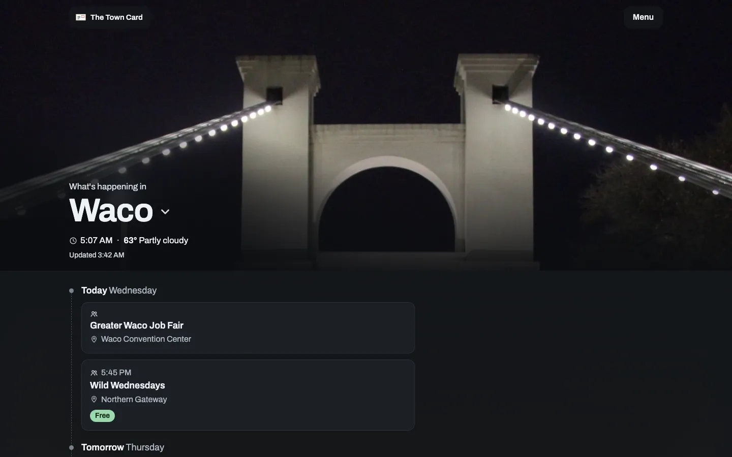 The Town Card home page on a desktop screen