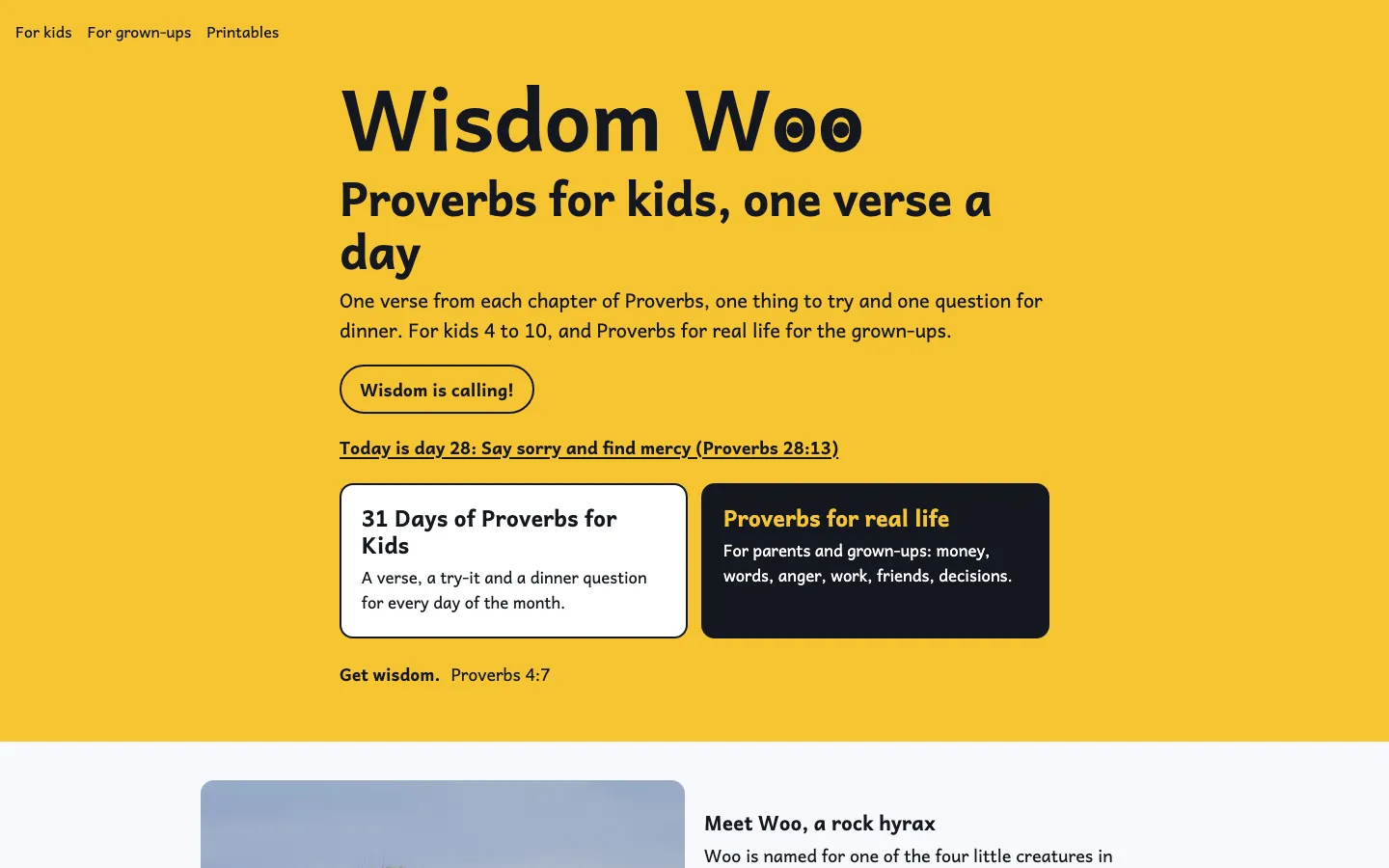 Wisdom Woo home page on a desktop screen