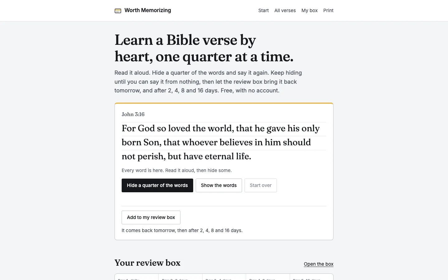 Worth Memorizing home page on a desktop screen
