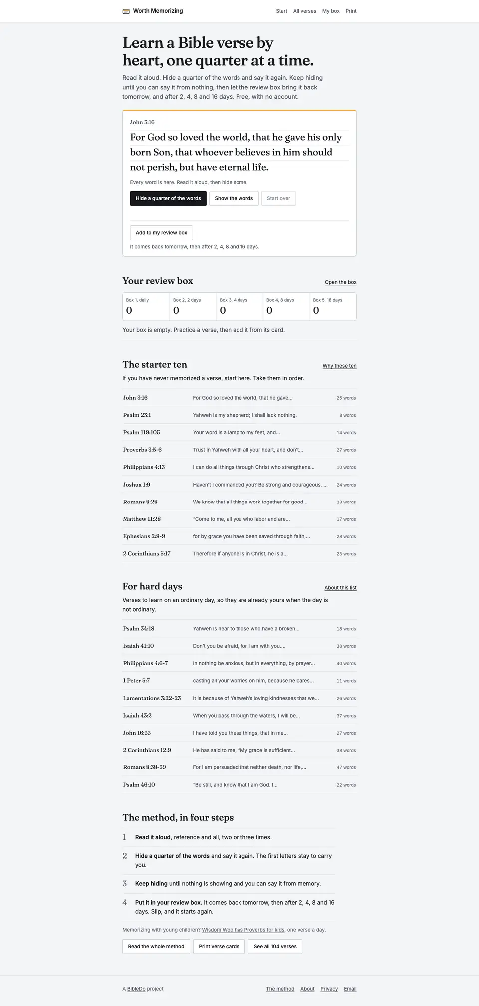 The full Worth Memorizing home page, top to bottom