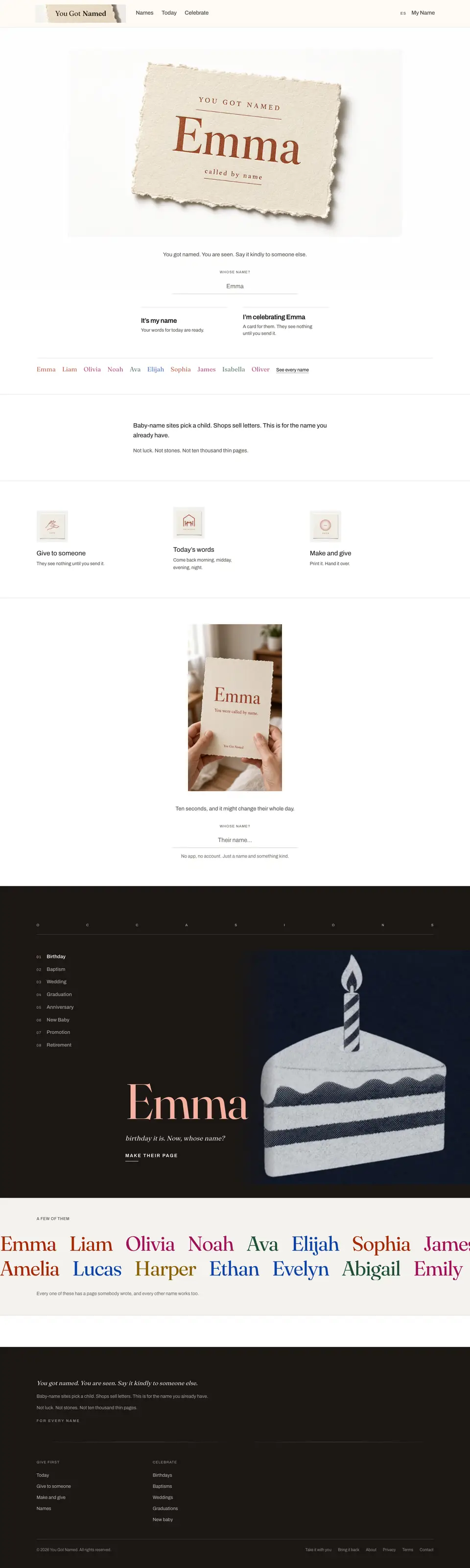 The full You Got Named home page, top to bottom
